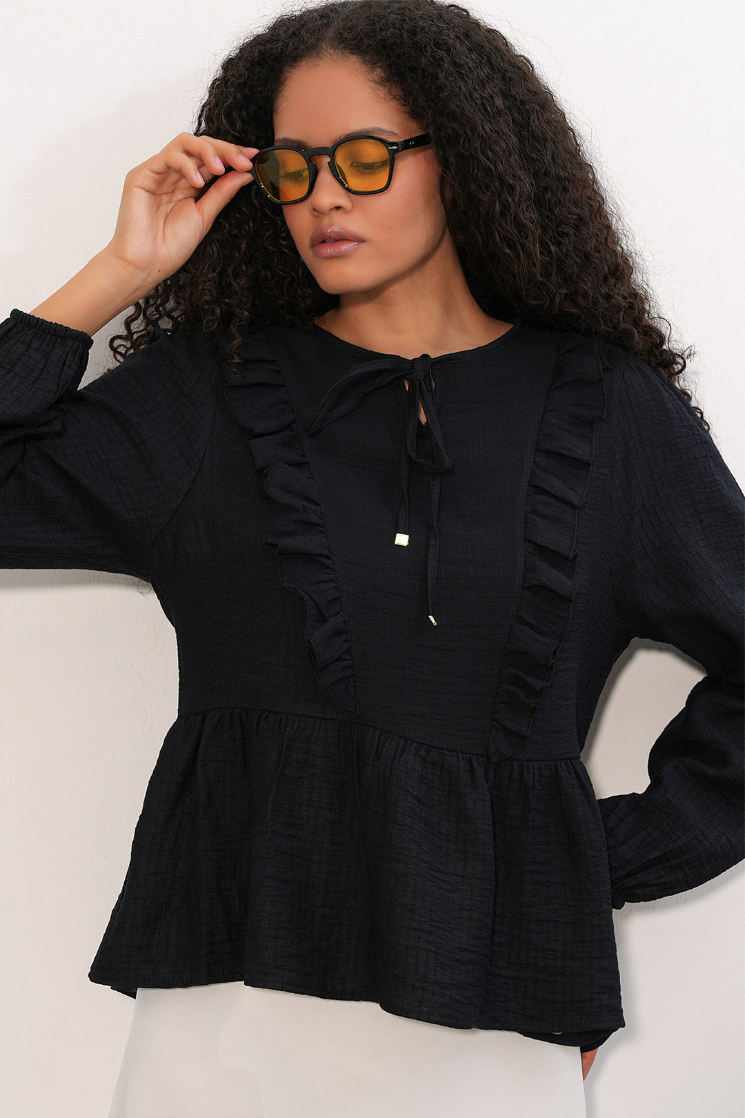 Bigdart Blouse à lacets et volants pour femme 999 - Noir