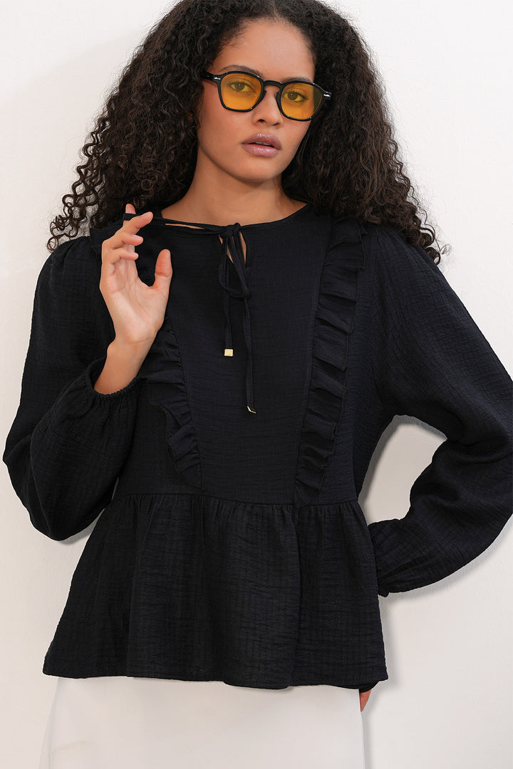 Bigdart Blouse à lacets et volants pour femme 999 - Noir