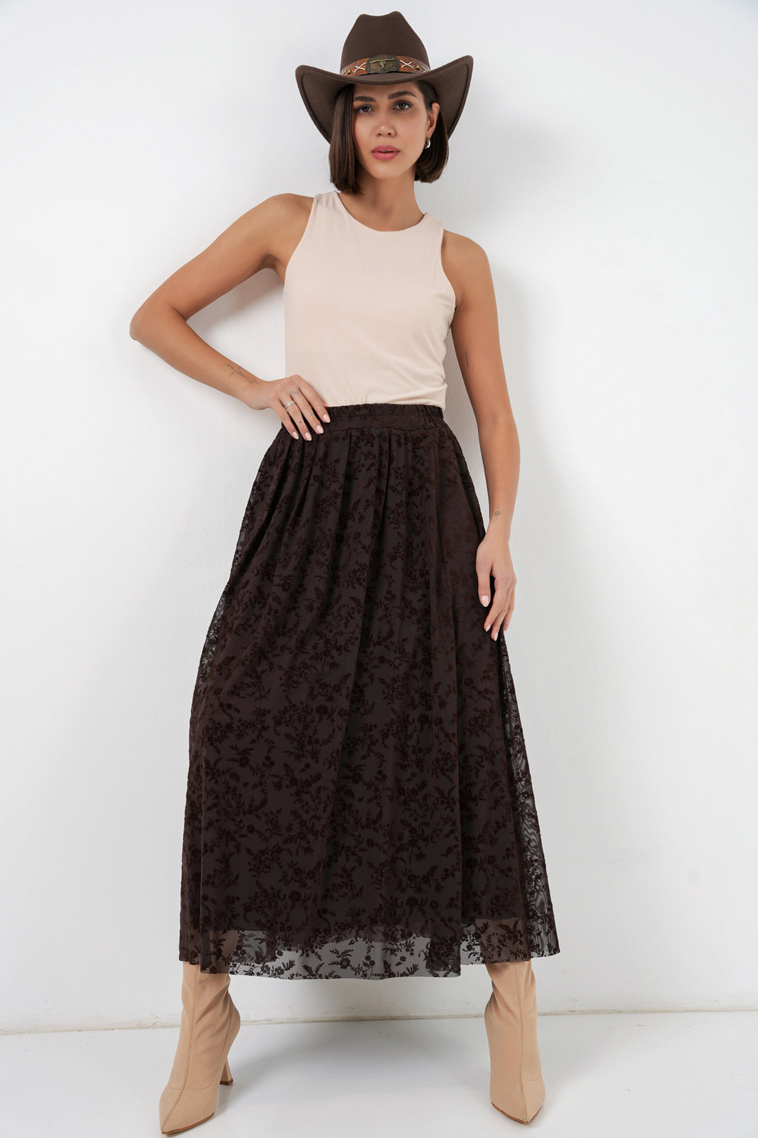 Bigdart Jupe doublée imprimée en velours pour femme 8069 - Marron