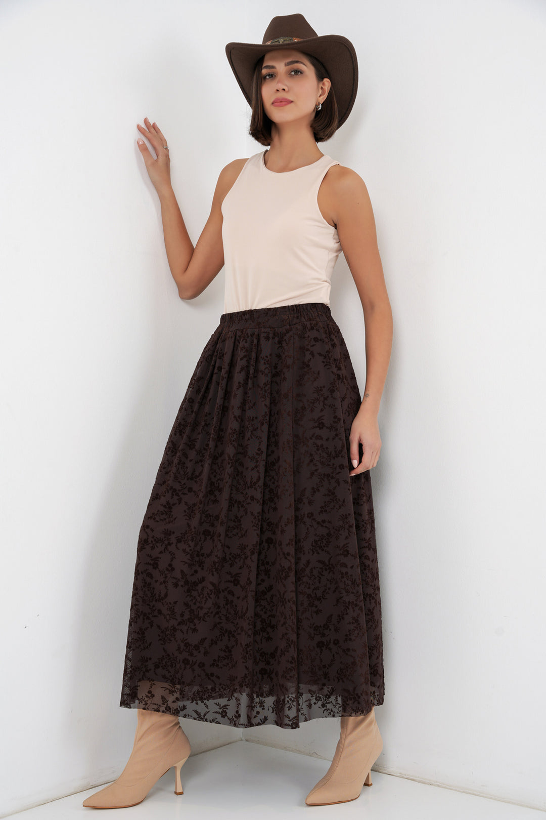 Bigdart Jupe doublée imprimée en velours pour femme 8069 - Marron