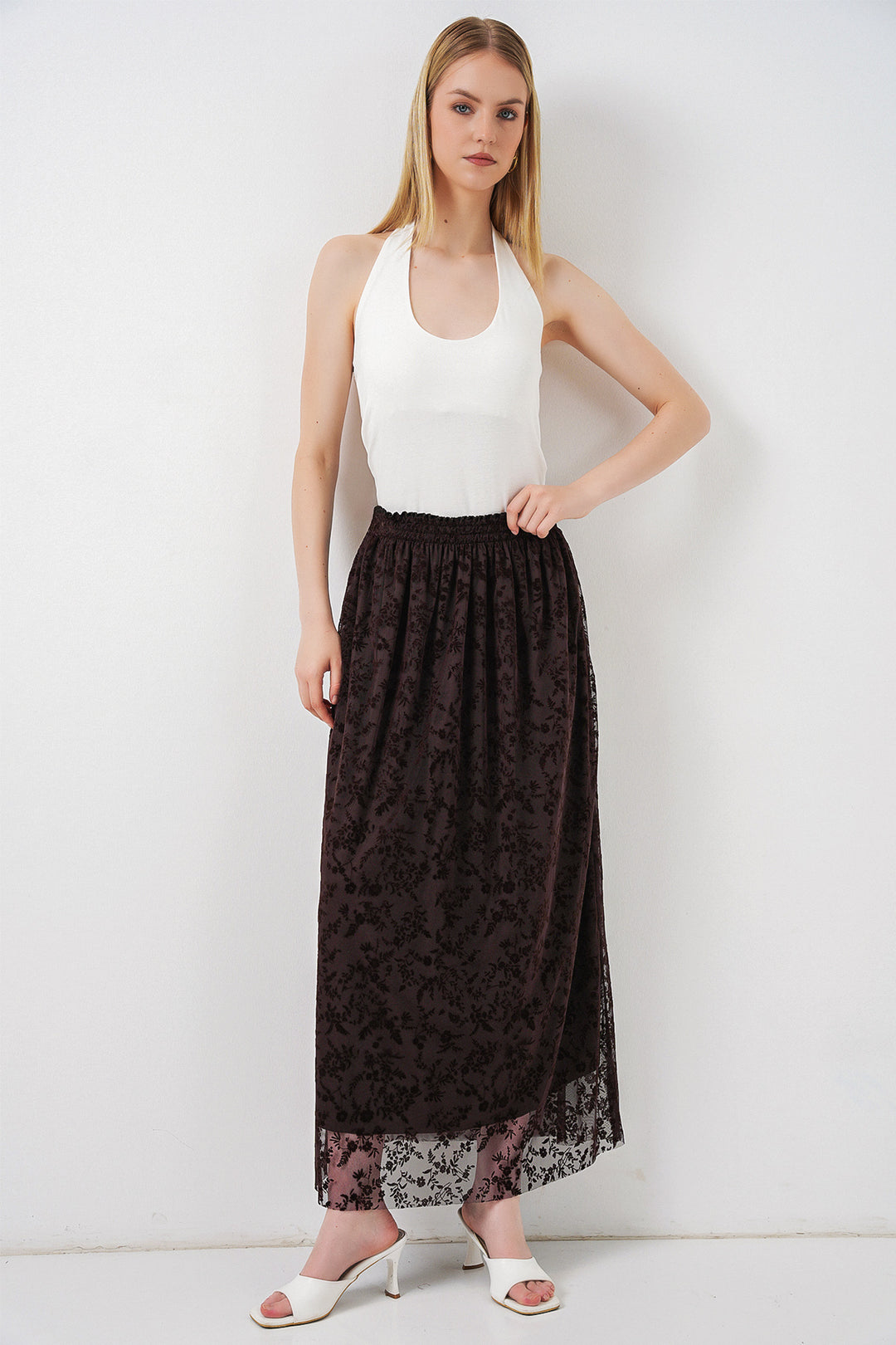 Bigdart Jupe doublée à motifs en velours pour femme 8076 - Marron