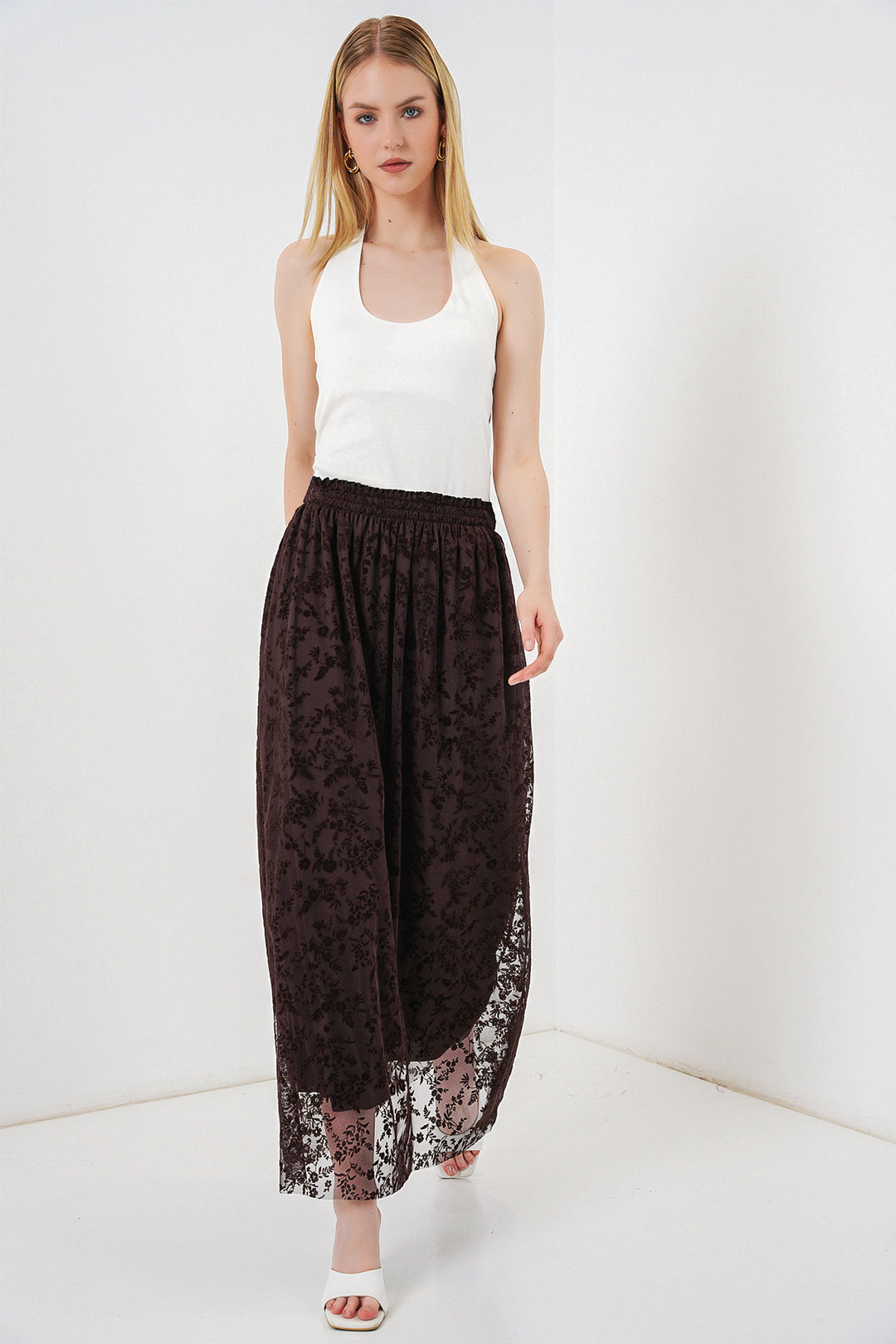 Bigdart Jupe doublée à motifs en velours pour femme 8076 - Marron