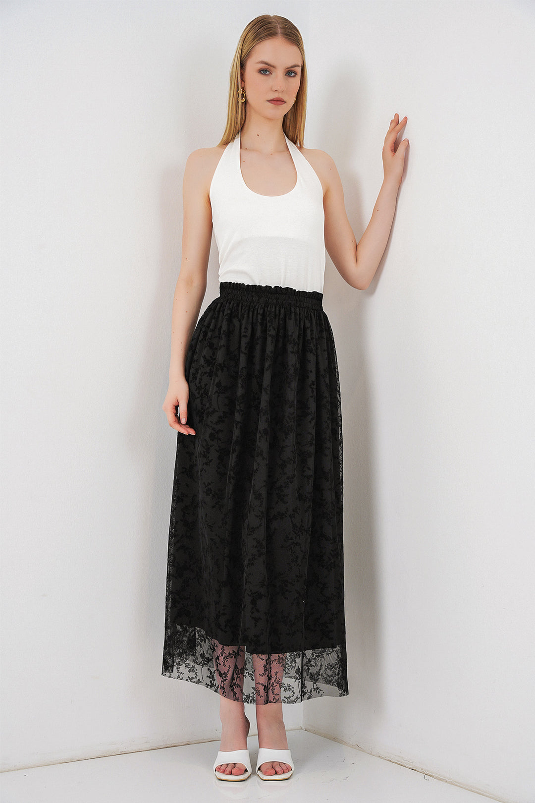 Bigdart Jupe doublée à motifs en velours pour femme 8076 - Noir
