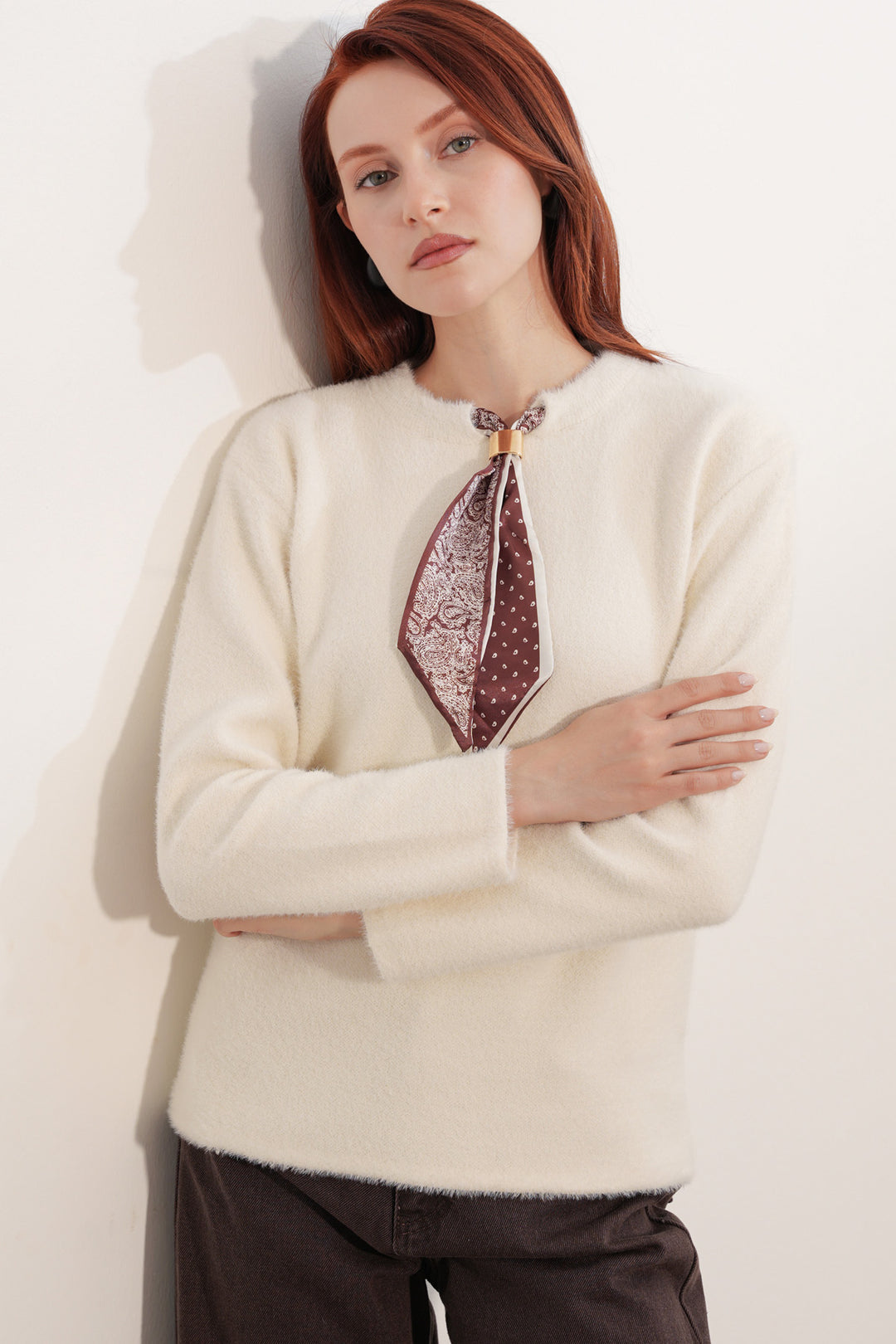 Bigdart Pull à col oversize avec détail en foulard 15971 - Crème