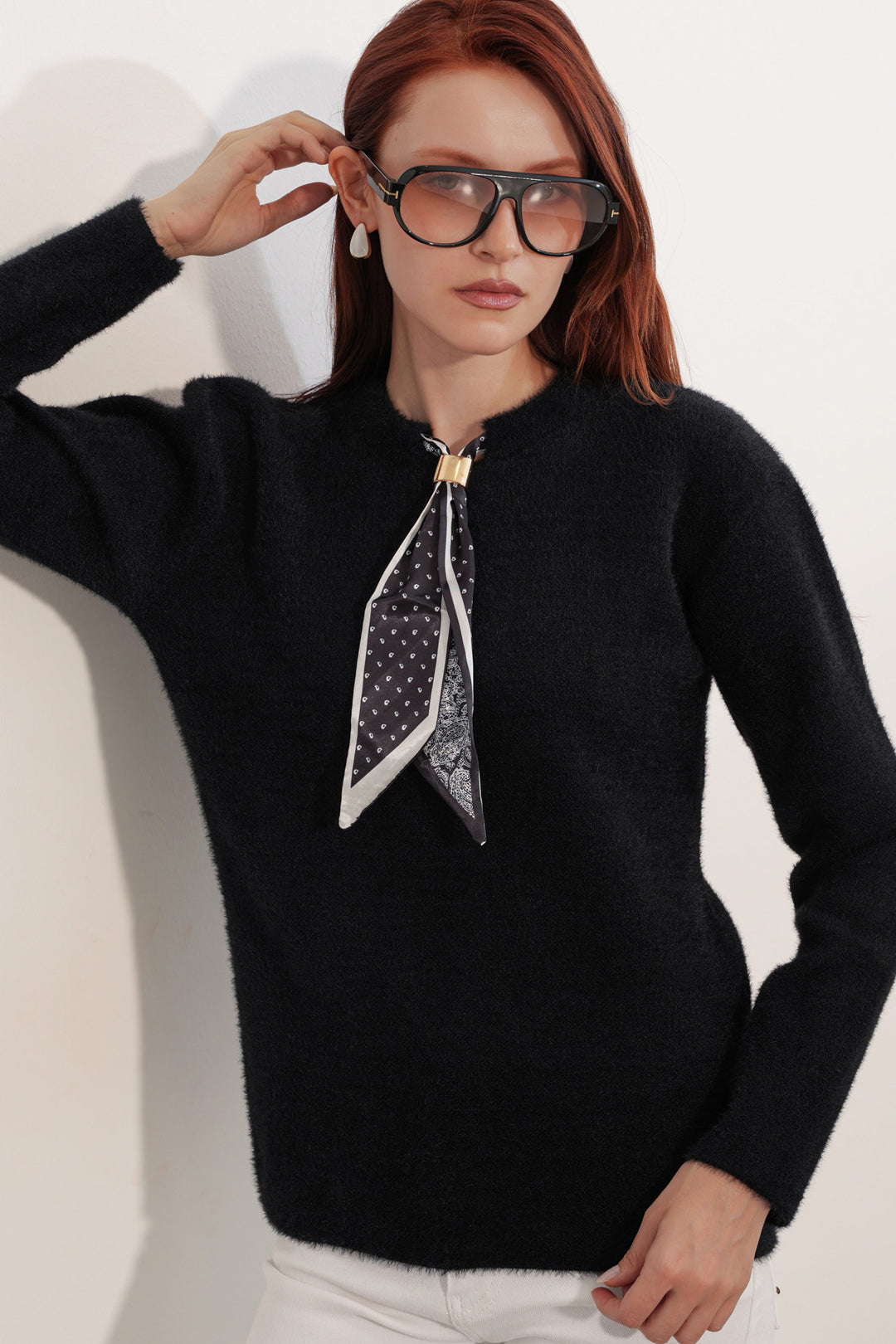 Bigdart Pull à col oversize avec détail en foulard 15971 - Noir