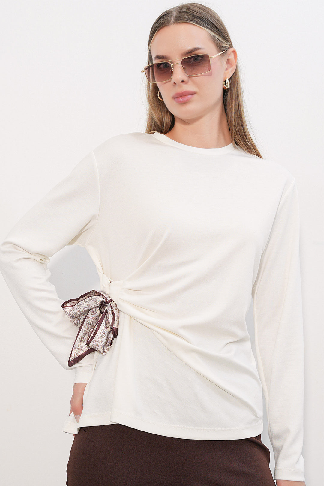 Bigdart Blouse à manches longues avec détail foulard pour femme 40000 - Blanc