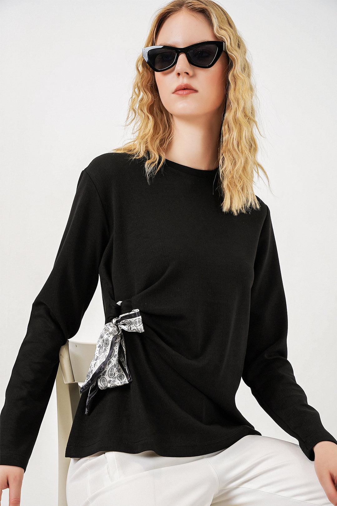 Bigdart Blouse à manches longues avec détail foulard pour femme 40000 - Noir