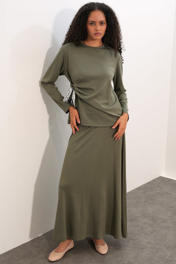Bigdart Ensemble Jupe Blouse avec Foulard Femme 8077 - Vert d'eau