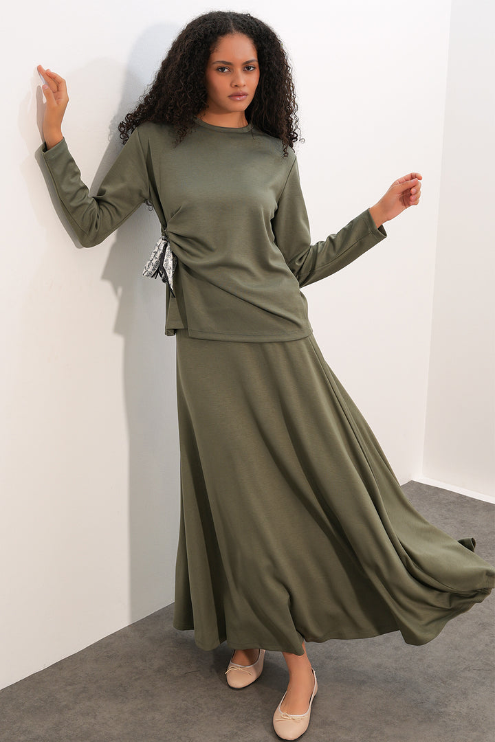Bigdart Ensemble Jupe Blouse avec Foulard Femme 8077 - Vert d'eau