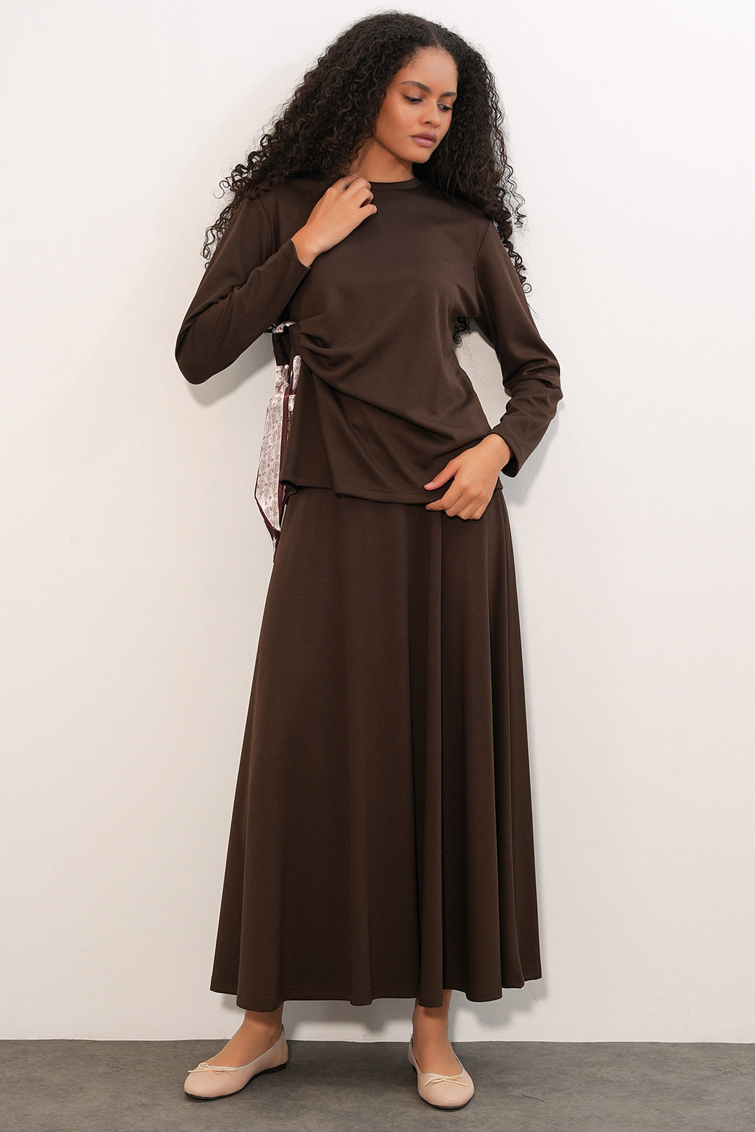 Bigdart Ensemble Jupe Blouse avec Foulard Femme 8077 - Marron