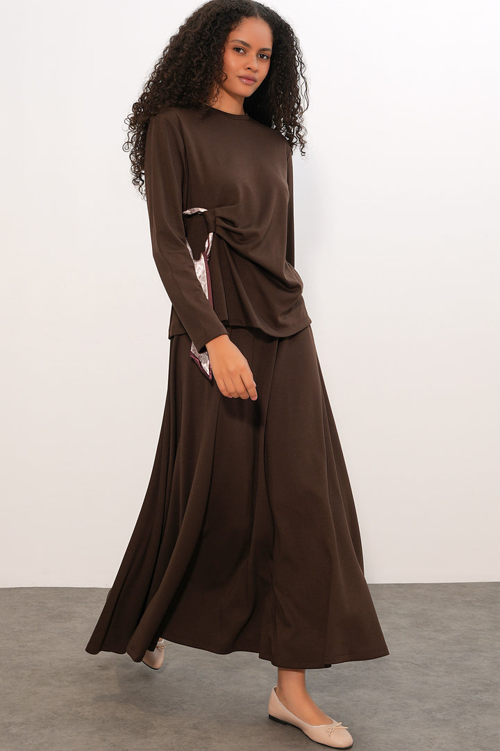 Bigdart Ensemble Jupe Blouse avec Foulard Femme 8077 - Marron