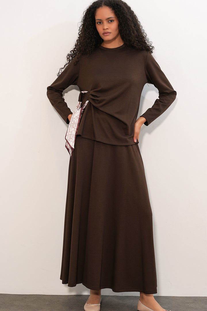 Bigdart Ensemble Jupe Blouse avec Foulard Femme 8077 - Marron