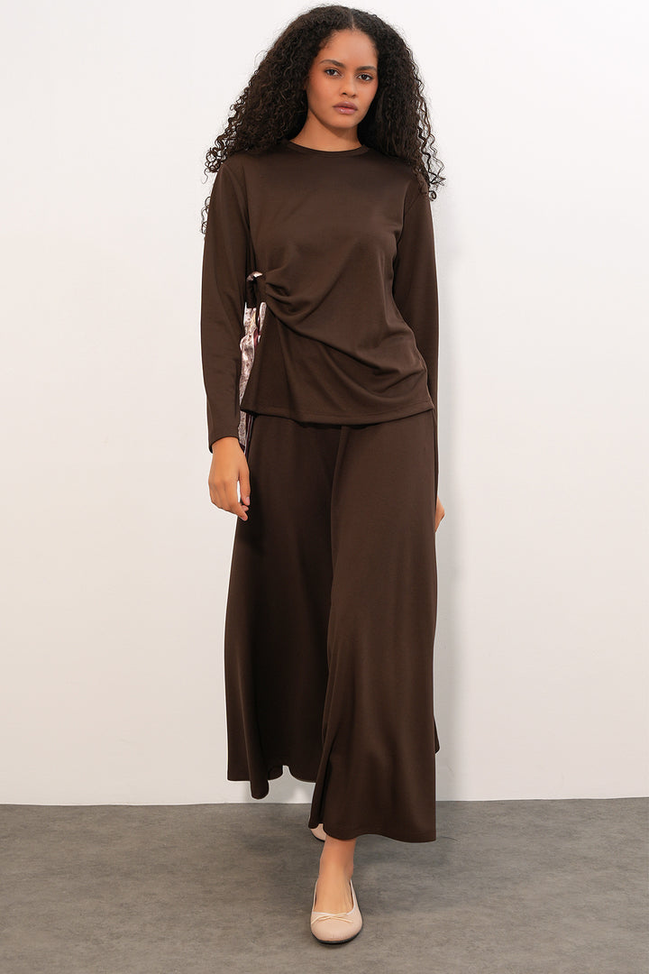 Bigdart Ensemble Jupe Blouse avec Foulard Femme 8077 - Marron
