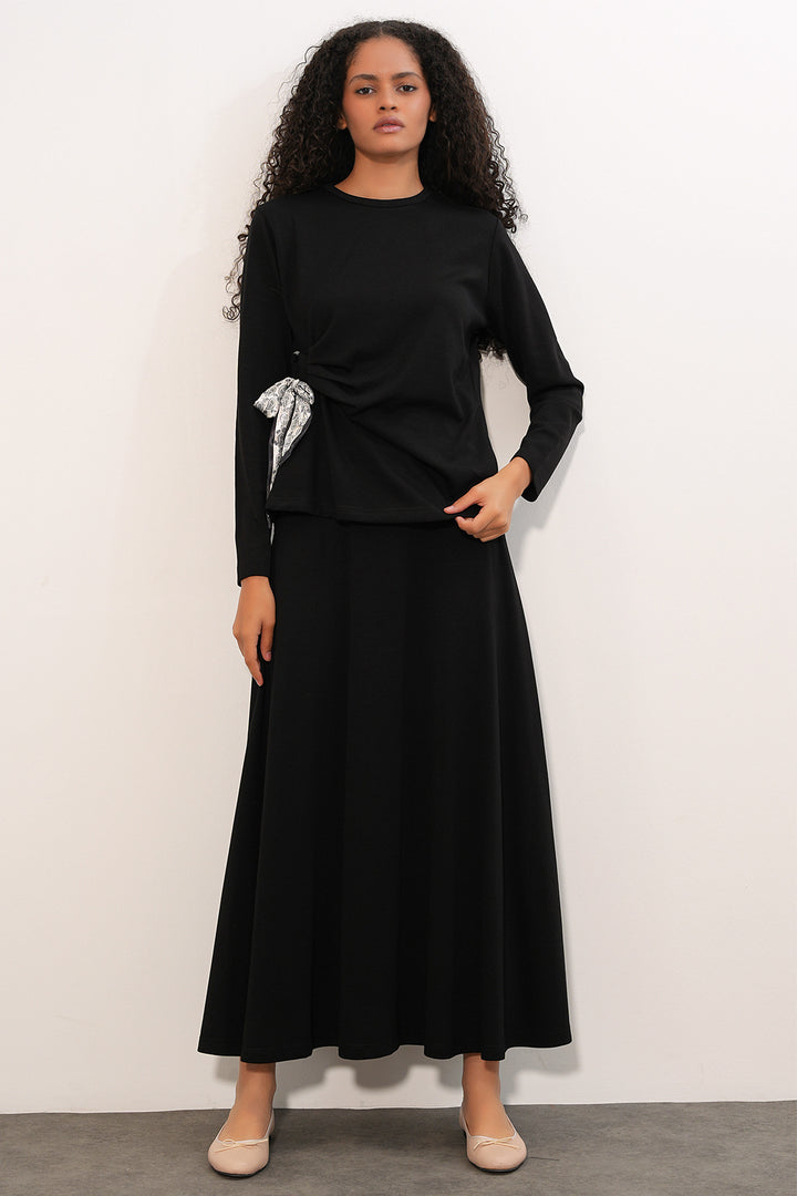 Bigdart Ensemble Jupe Blouse avec Foulard Femme 8077 - Noir