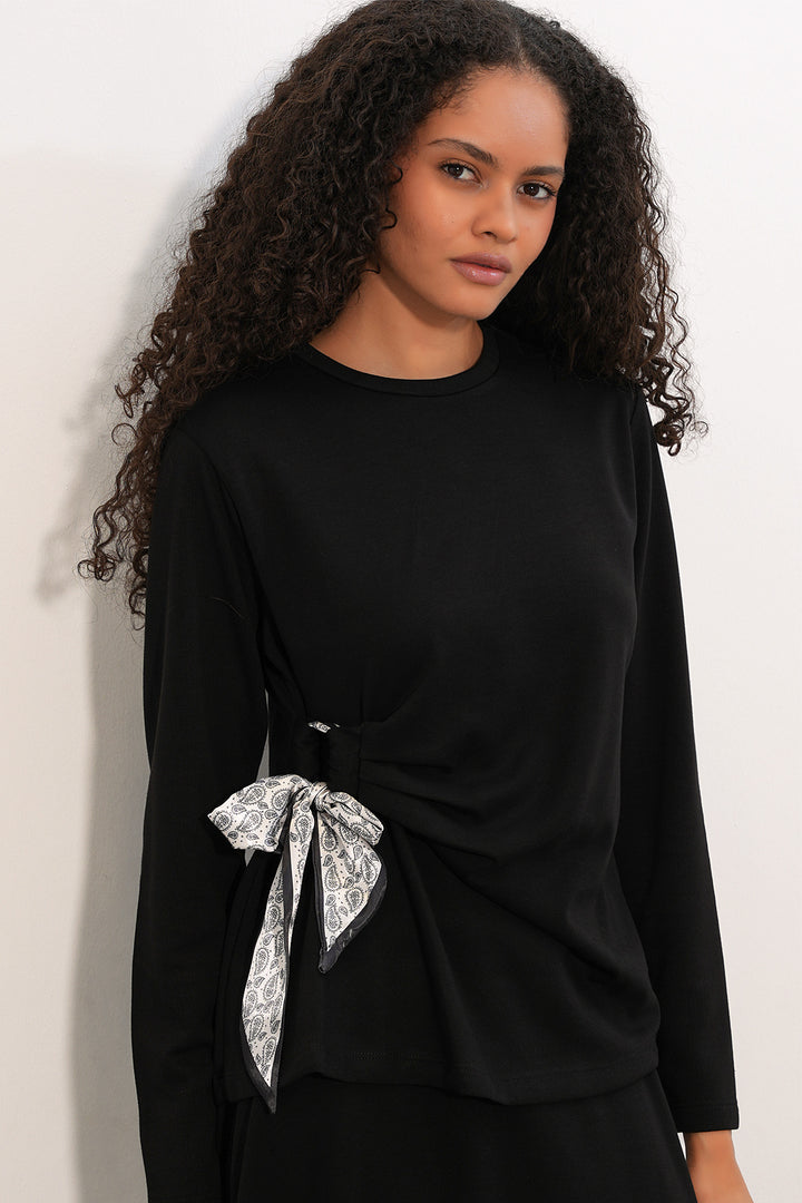 Bigdart Ensemble Jupe Blouse avec Foulard Femme 8077 - Noir