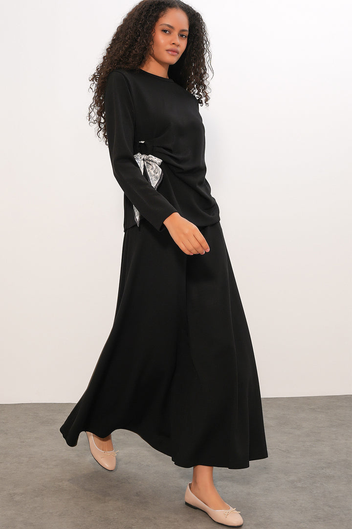 Bigdart Ensemble Jupe Blouse avec Foulard Femme 8077 - Noir