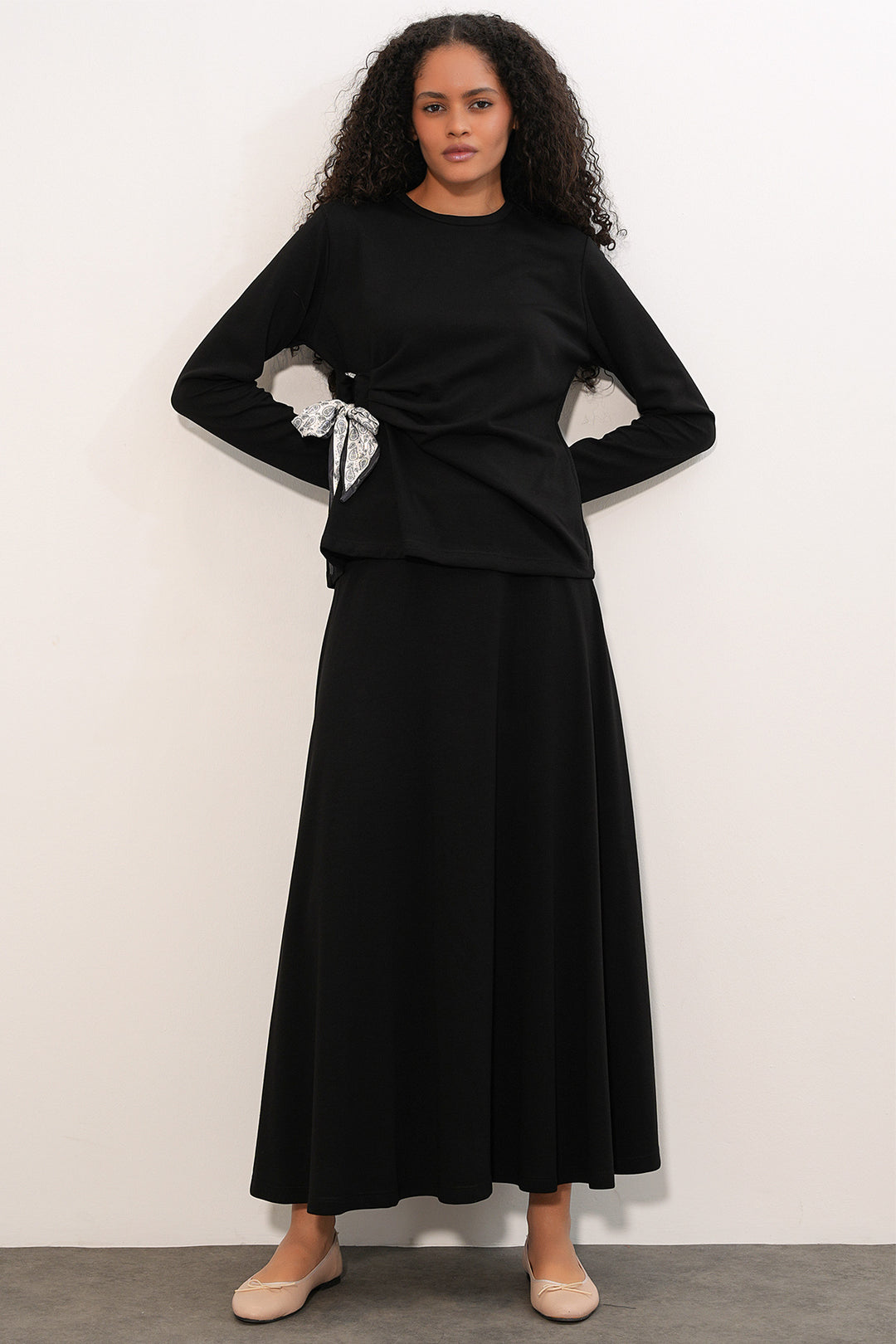 Bigdart Ensemble Jupe Blouse avec Foulard Femme 8077 - Noir