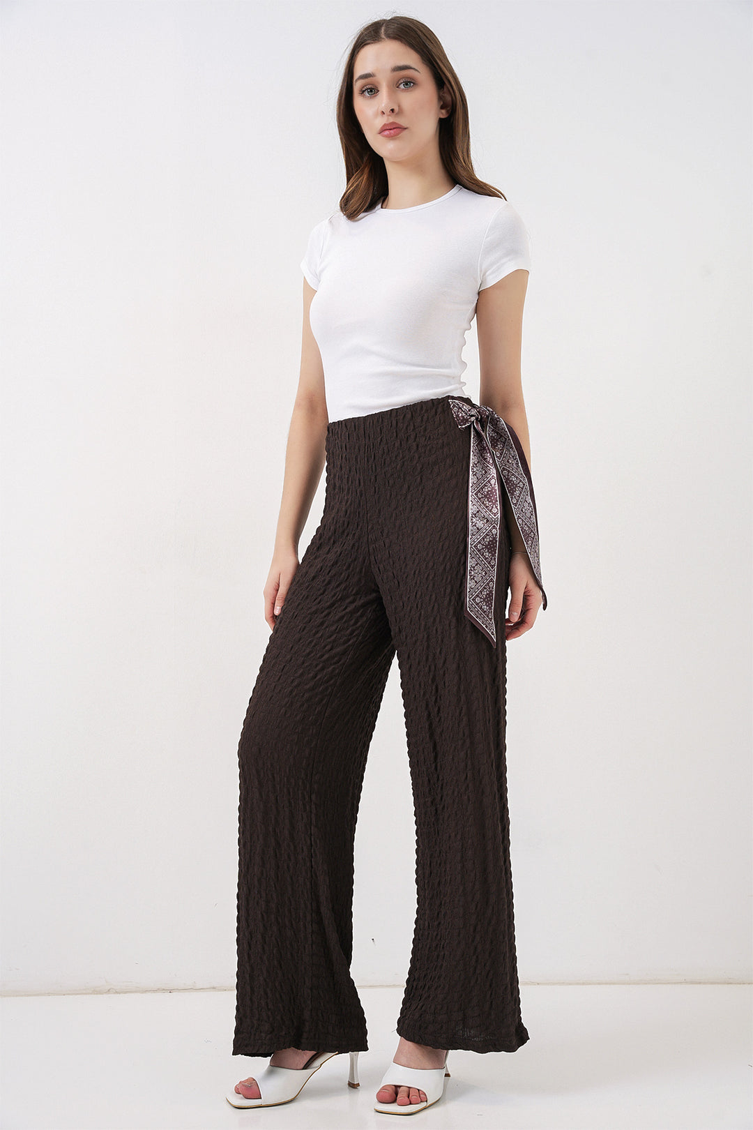 Bigdart Pantalon Tricoté avec Foulard Femme 30070 - Marron