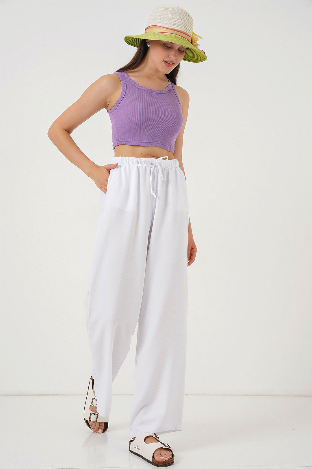 Bigdart Pantalon en lin à jambes larges pour femme 6735 - Blanc