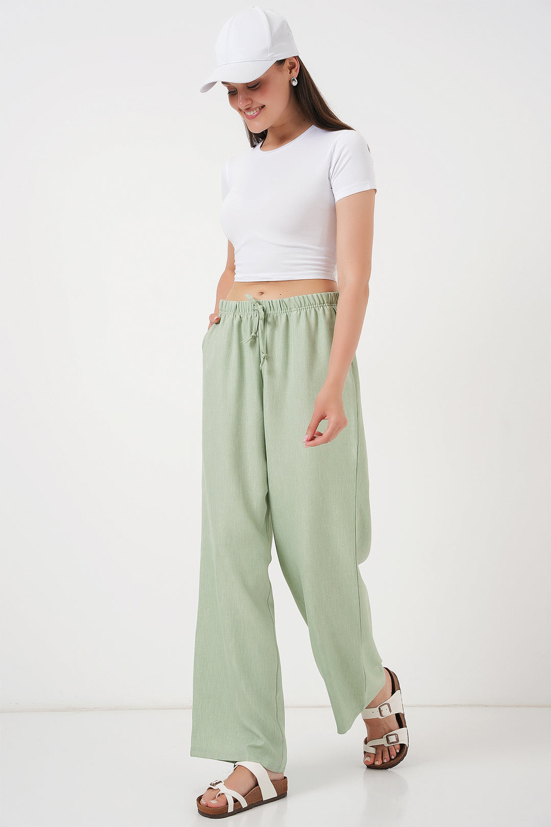 Bigdart Pantalon en lin à jambes larges pour femme 6735 - Vert clair
