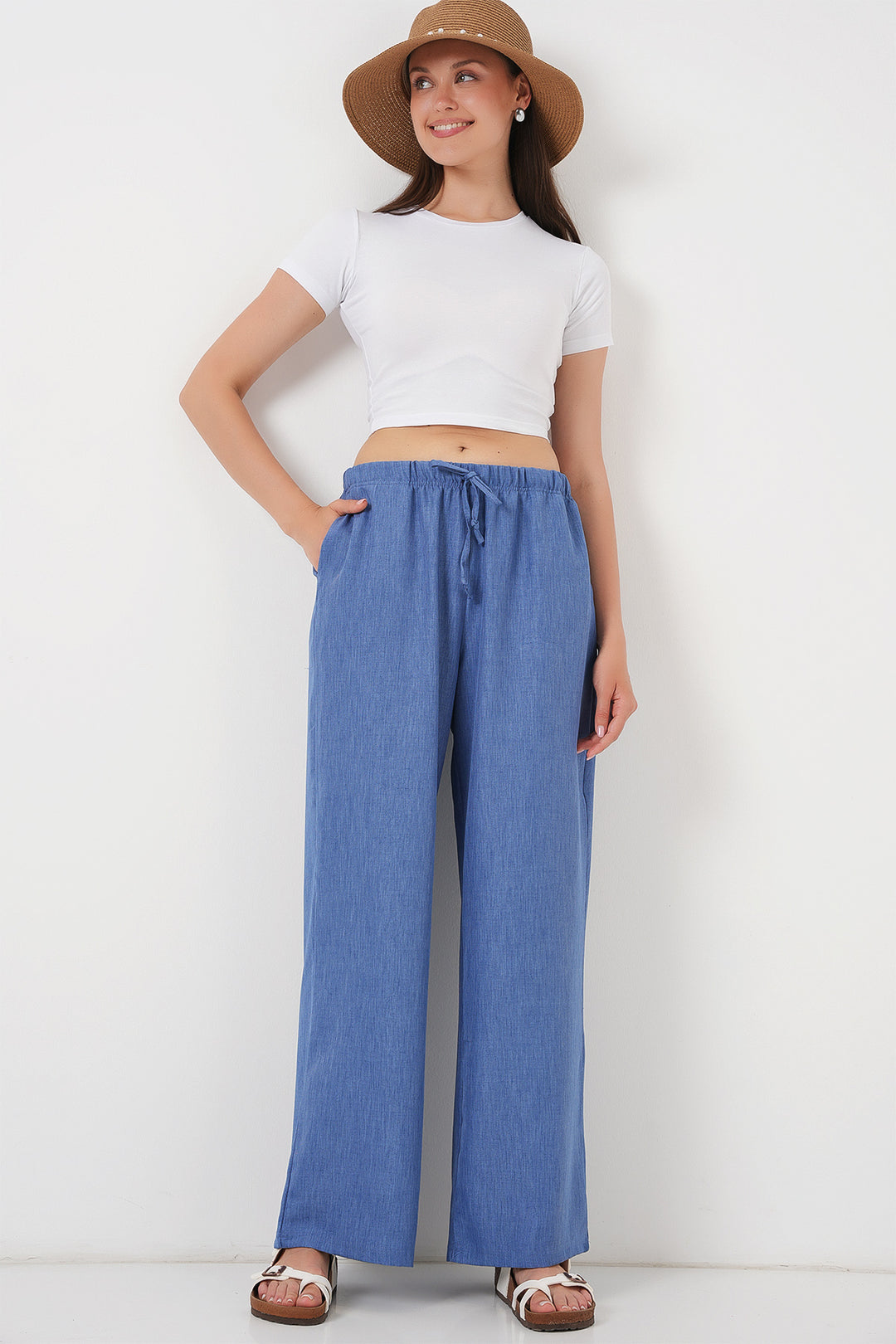 Bigdart Pantalon en lin à jambes larges pour femme 6735 - Indigo