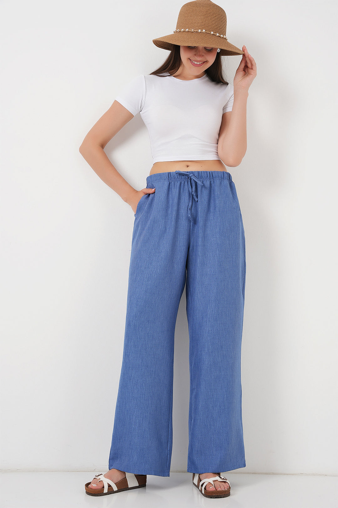 Bigdart Pantalon en lin à jambes larges pour femme 6735 - Indigo