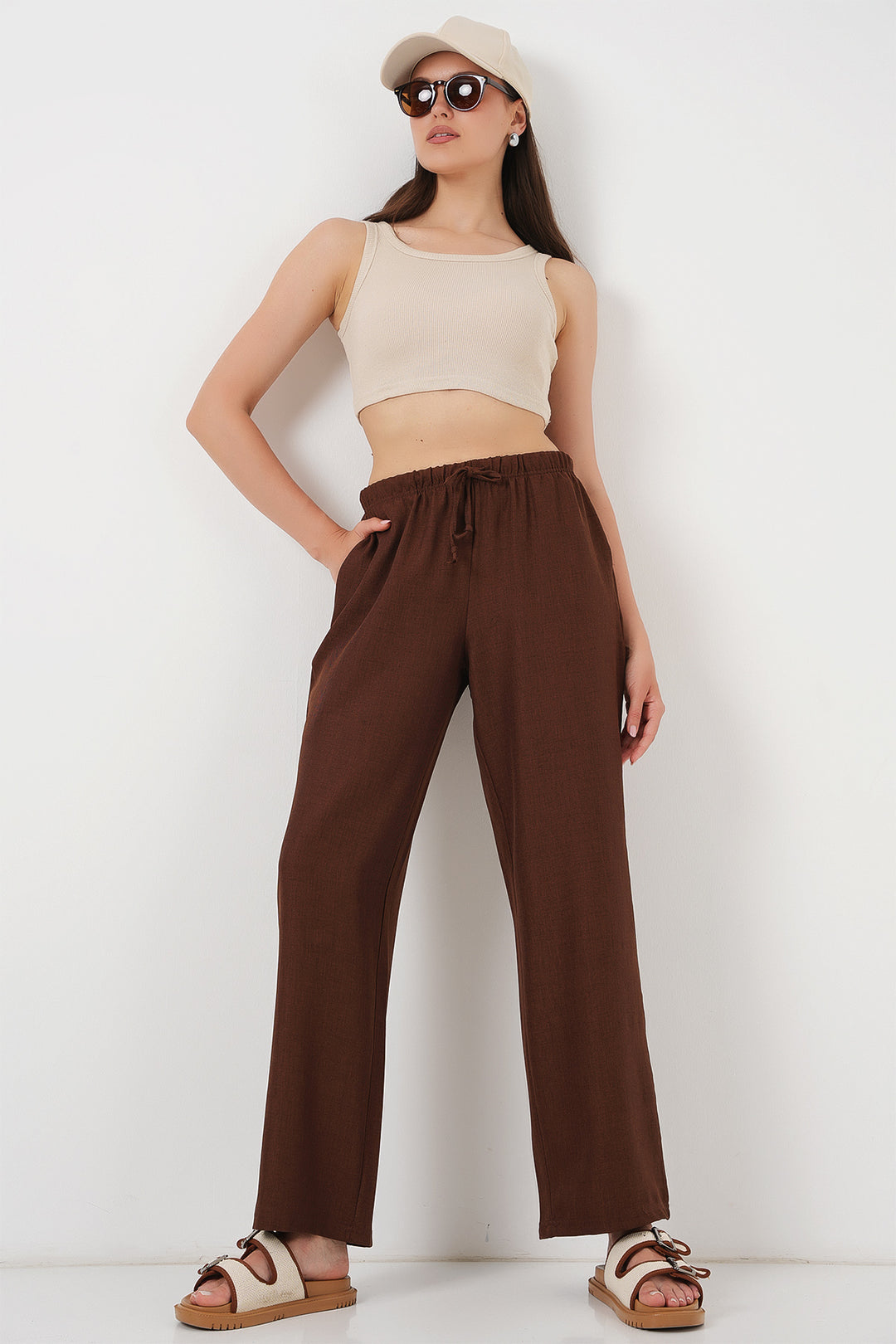 Bigdart Pantalon en lin à jambes larges pour femmes 6735 - Marron