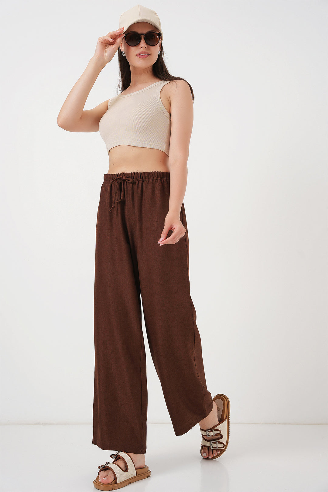 Bigdart Pantalon en lin à jambes larges pour femmes 6735 - Marron