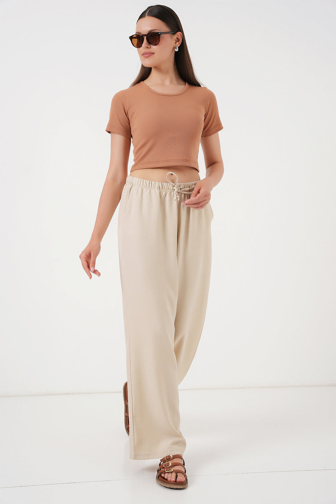 Bigdart Pantalon en lin à jambes larges pour femme 6735 - Crème