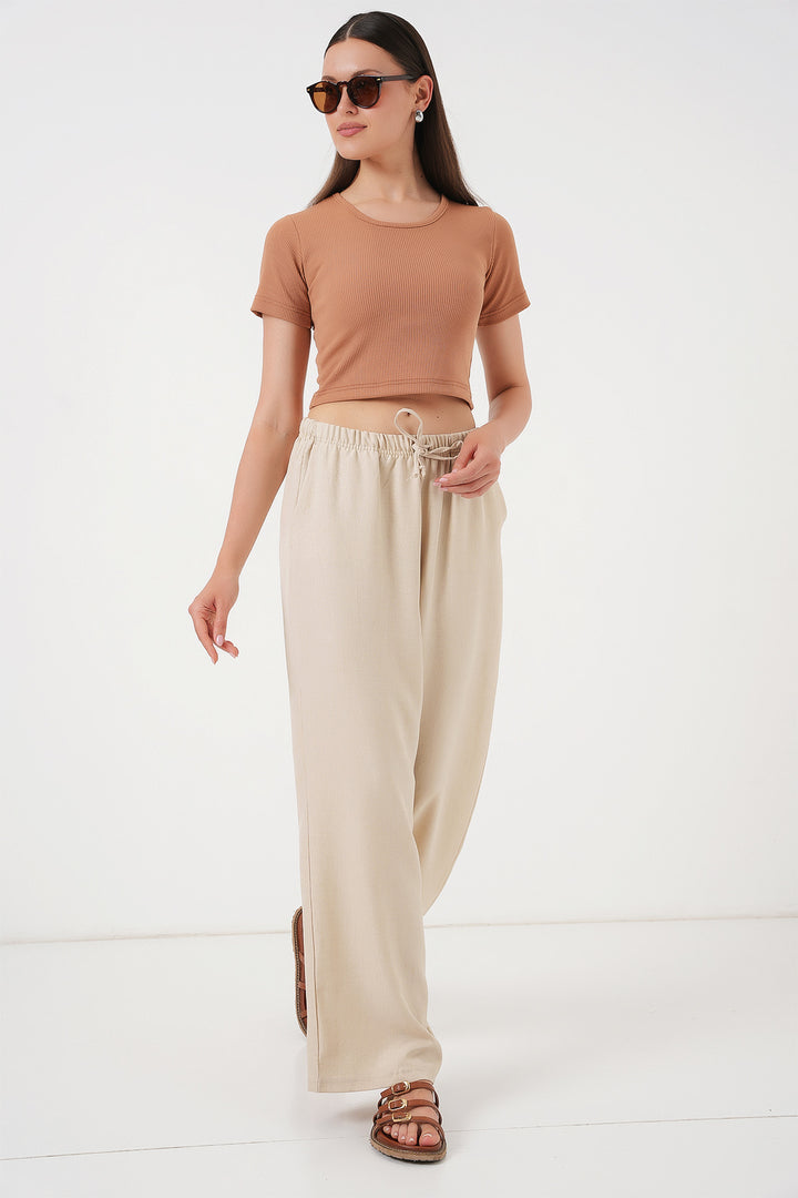 Bigdart Pantalon en lin à jambes larges pour femme 6735 - Crème