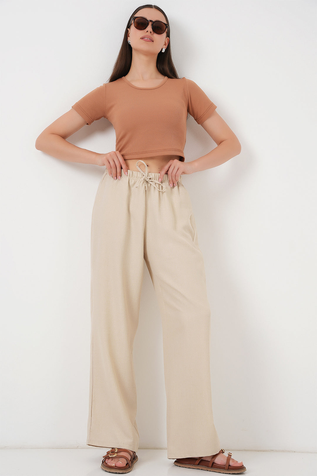 Bigdart Pantalon en lin à jambes larges pour femme 6735 - Crème