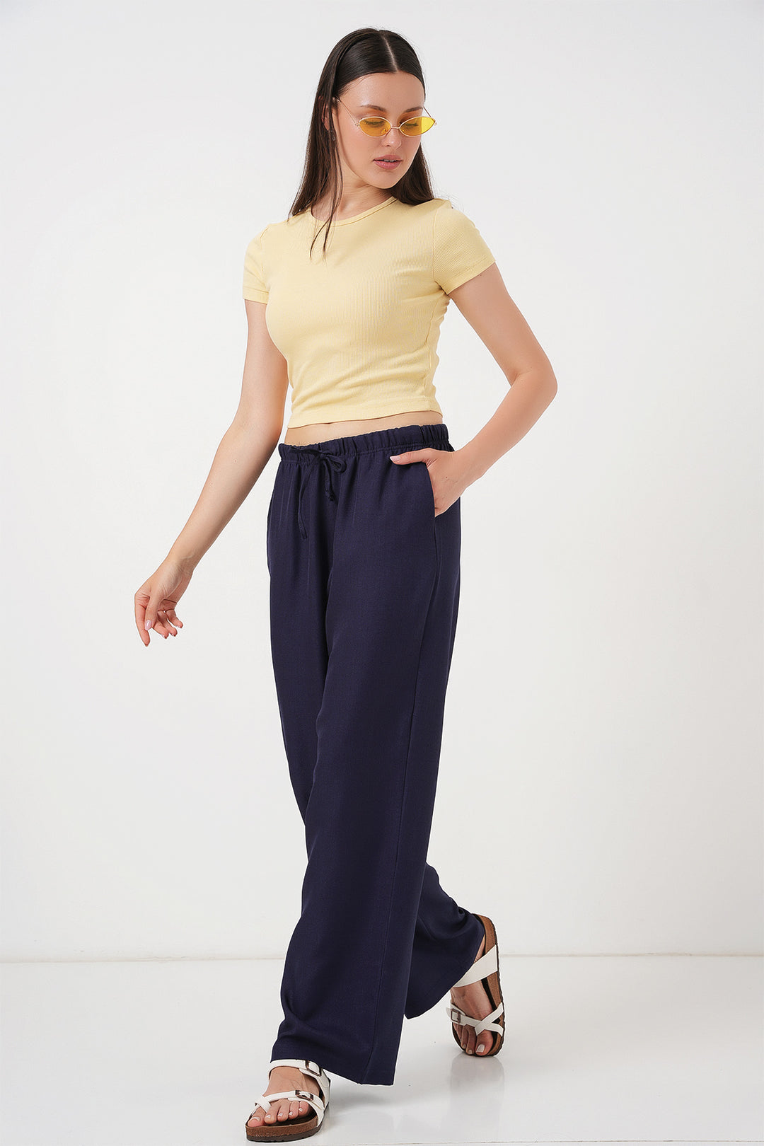Bigdart Pantalon en lin à jambes larges pour femme 6735 - Bleu marine