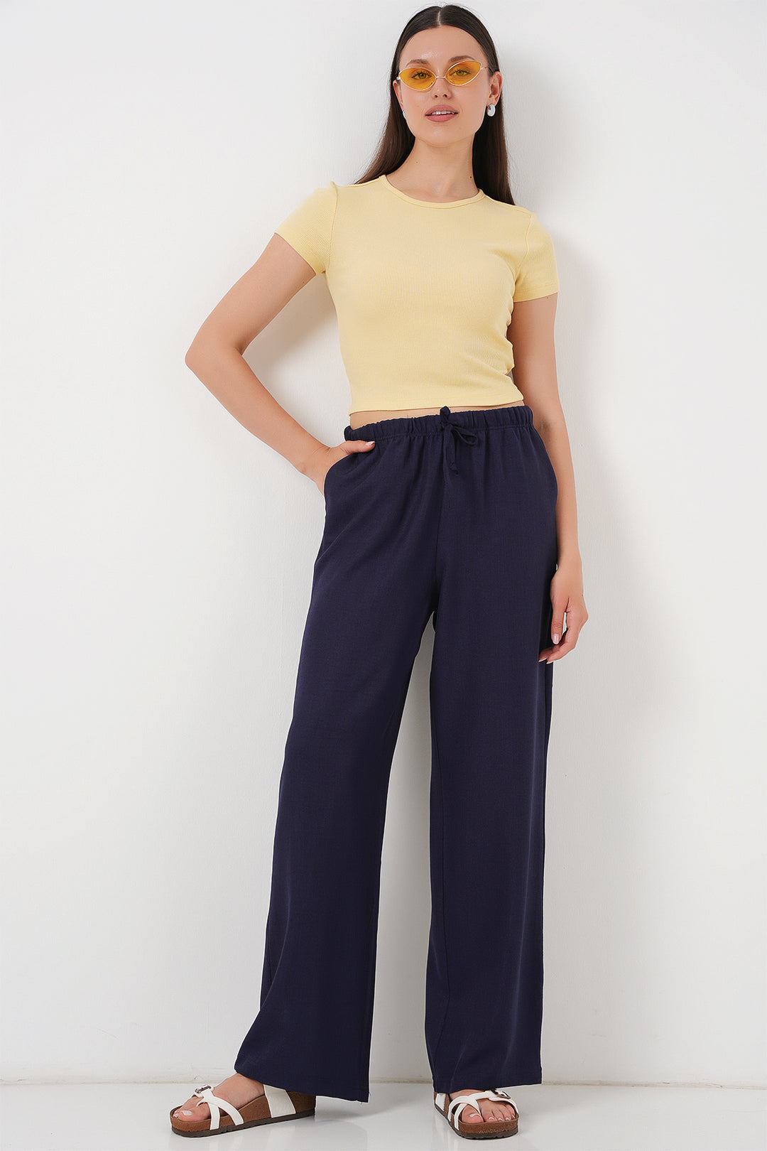 Bigdart Pantalon en lin à jambes larges pour femme 6735 - Bleu marine