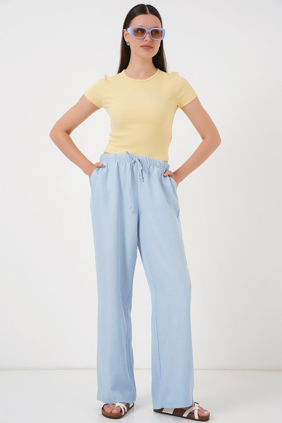 Bigdart Pantalon en lin à jambes larges pour femme 6735 - Bleu