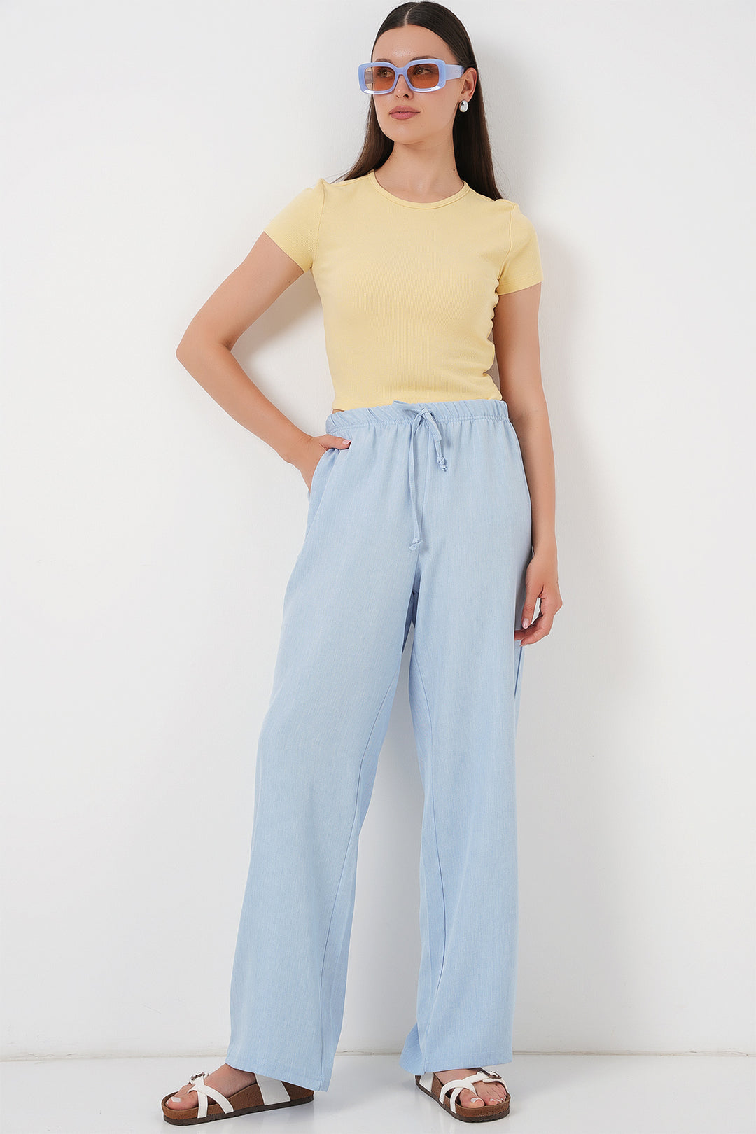 Bigdart Pantalon en lin à jambes larges pour femme 6735 - Bleu
