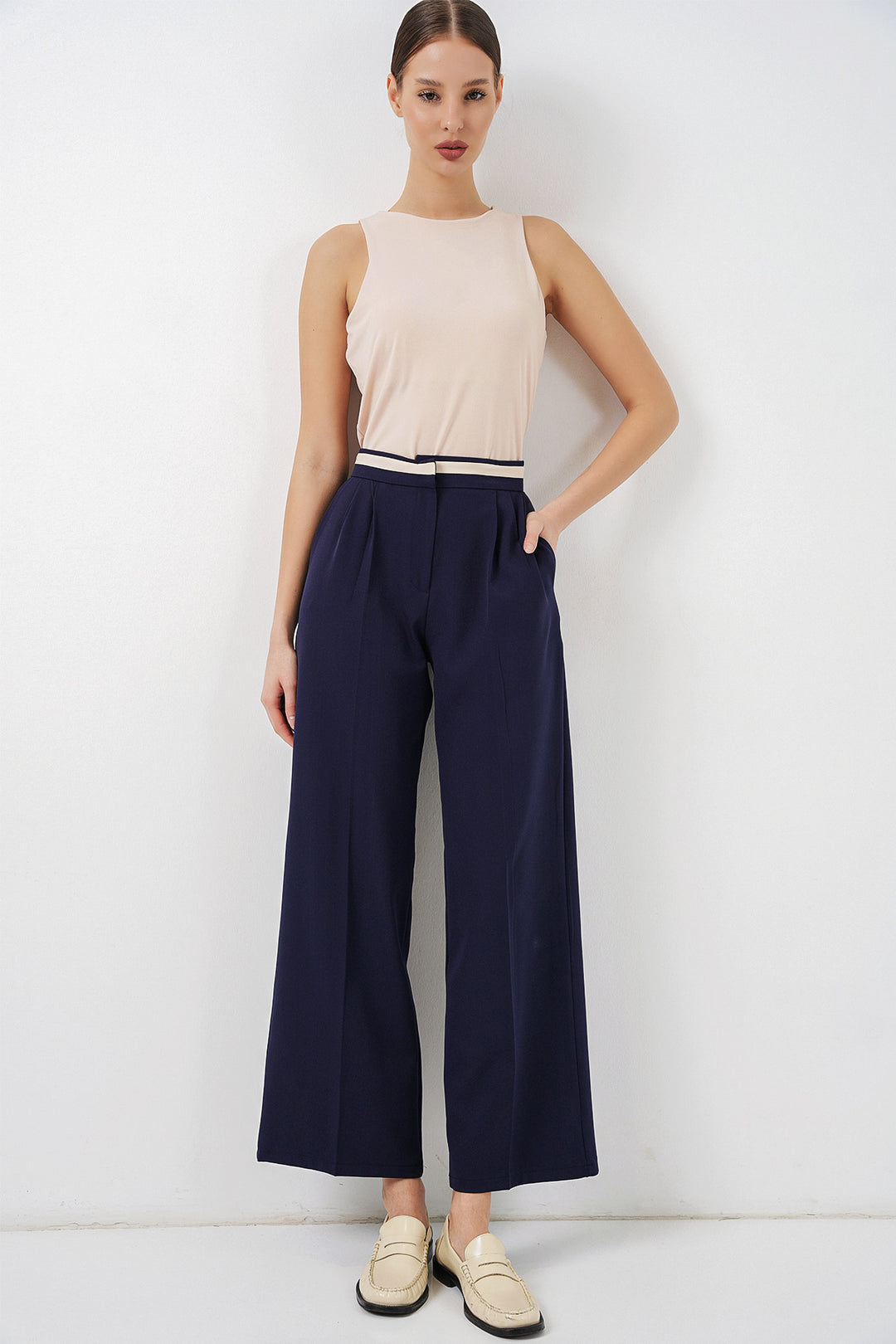 Bigdart Pantalon en tissu large femme 30088 - Bleu marine