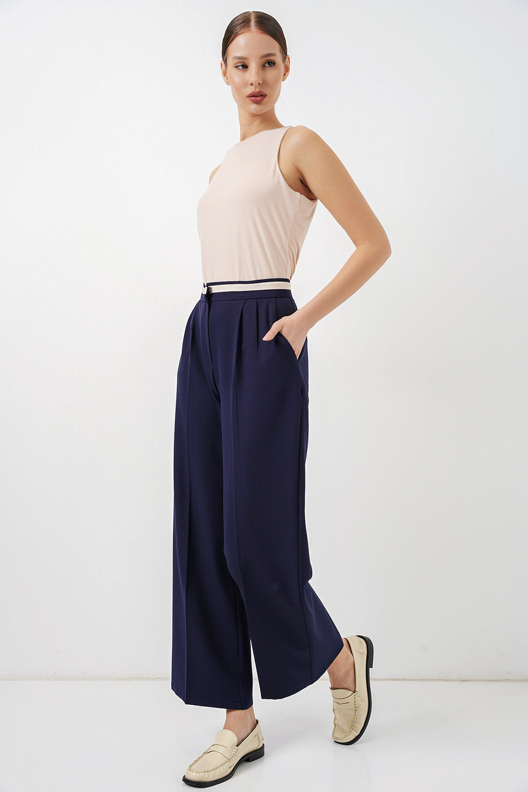 Bigdart Pantalon en tissu large femme 30088 - Bleu marine
