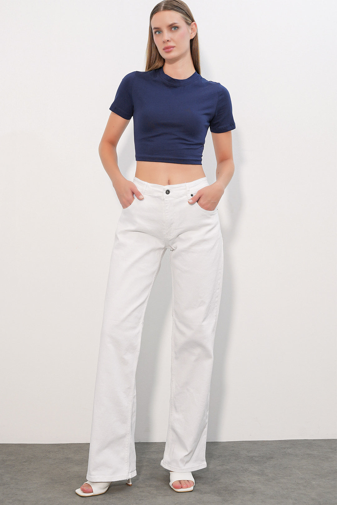 Bigdart Pantalon en jean à large jambe avec détails en sequins femme 30124 - Blanc