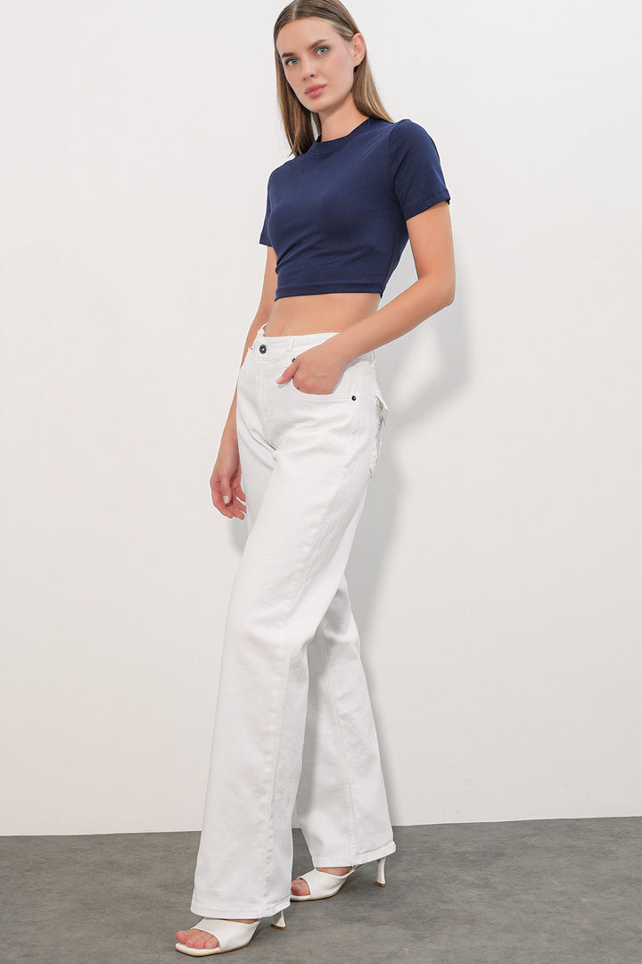 Bigdart Pantalon en jean à large jambe avec détails en sequins femme 30124 - Blanc