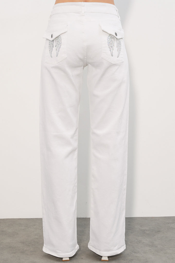 Bigdart Pantalon en jean à large jambe avec détails en sequins femme 30124 - Blanc
