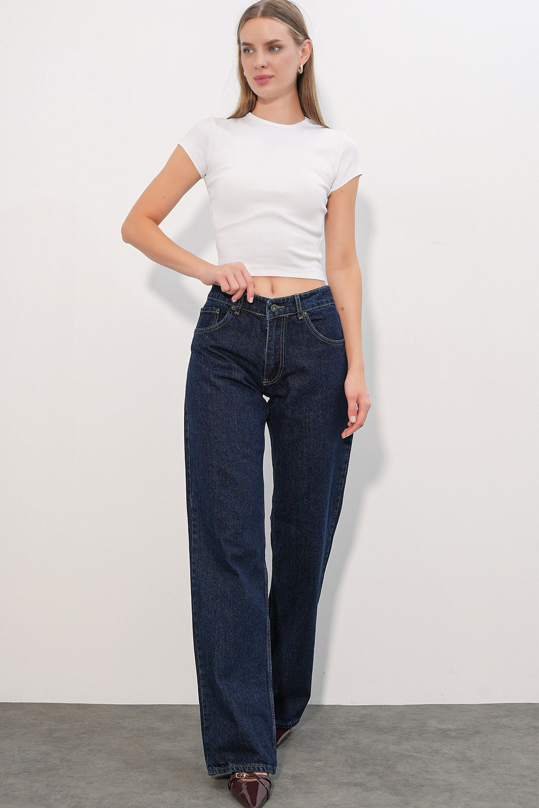 Bigdart Pantalon en jean à large jambe avec détails en sequins femme 30124 - Bleu marine