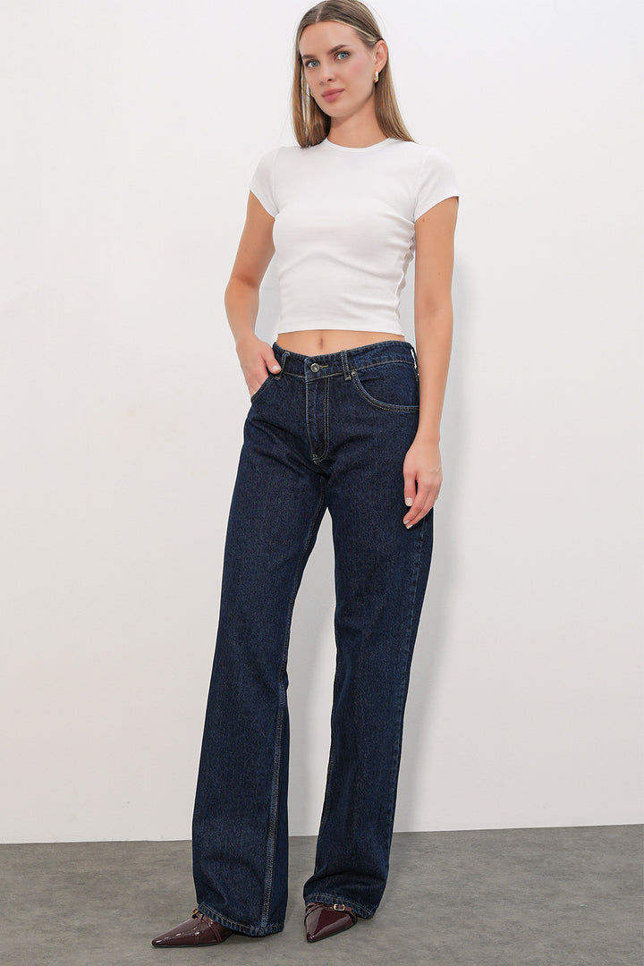 Bigdart Pantalon en jean à large jambe avec détails en sequins femme 30124 - Bleu marine