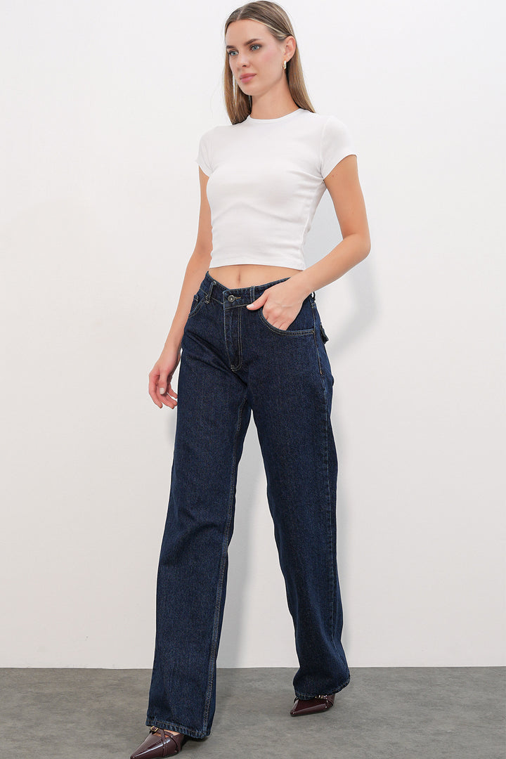 Bigdart Pantalon en jean à large jambe avec détails en sequins femme 30124 - Bleu marine