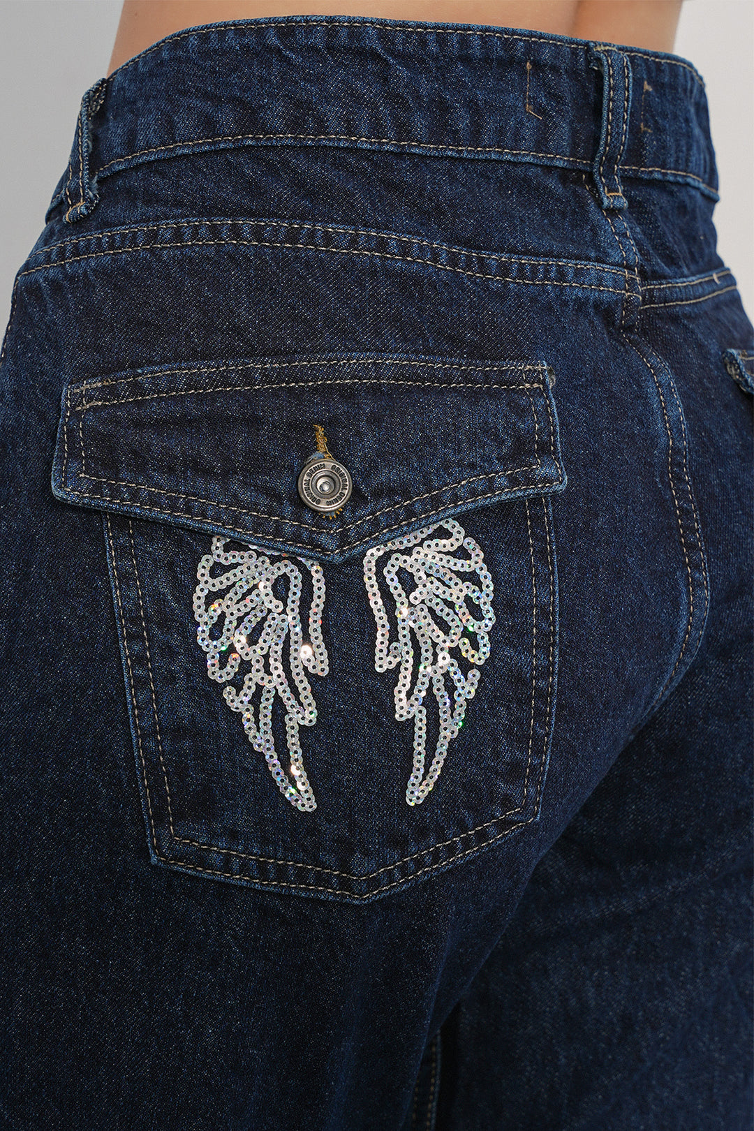 Bigdart Pantalon en jean à large jambe avec détails en sequins femme 30124 - Bleu marine
