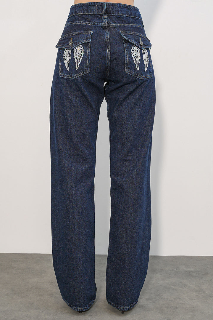 Bigdart Pantalon en jean à large jambe avec détails en sequins femme 30124 - Bleu marine