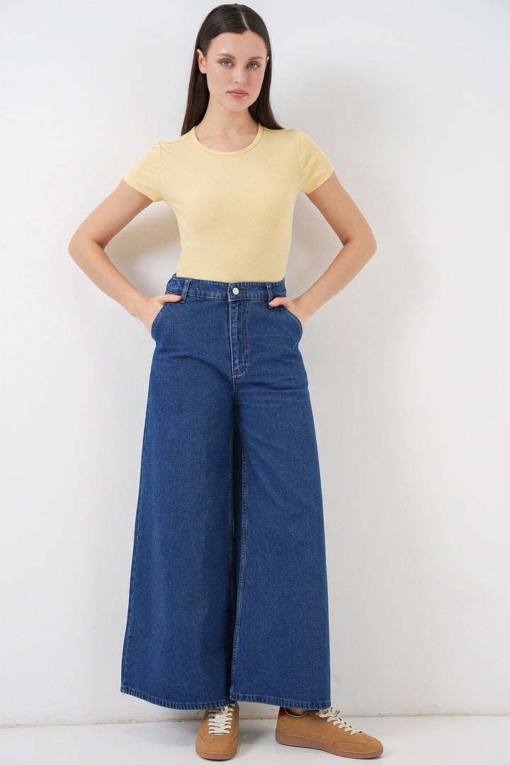 Bigdart Pantalon en jean taille haute à jambes larges pour femmes 30080 - Bleu