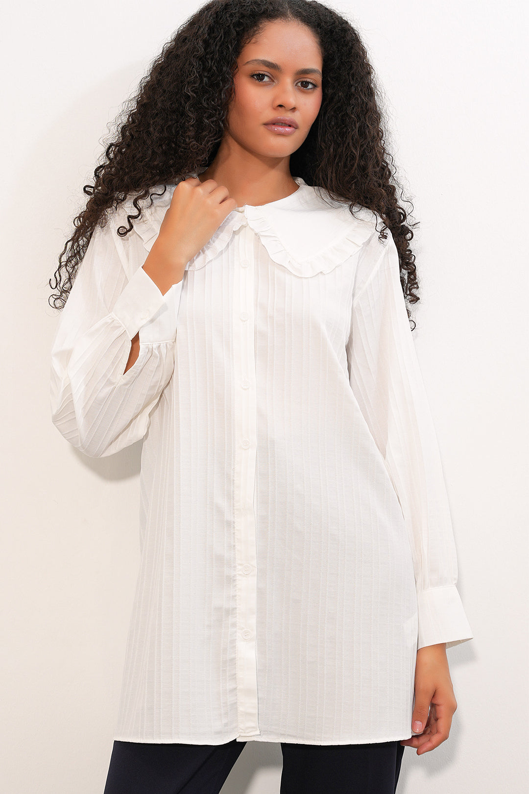Bigdart Chemisier Tunique Femme à Rayures à Col Large 5993 - Blanc