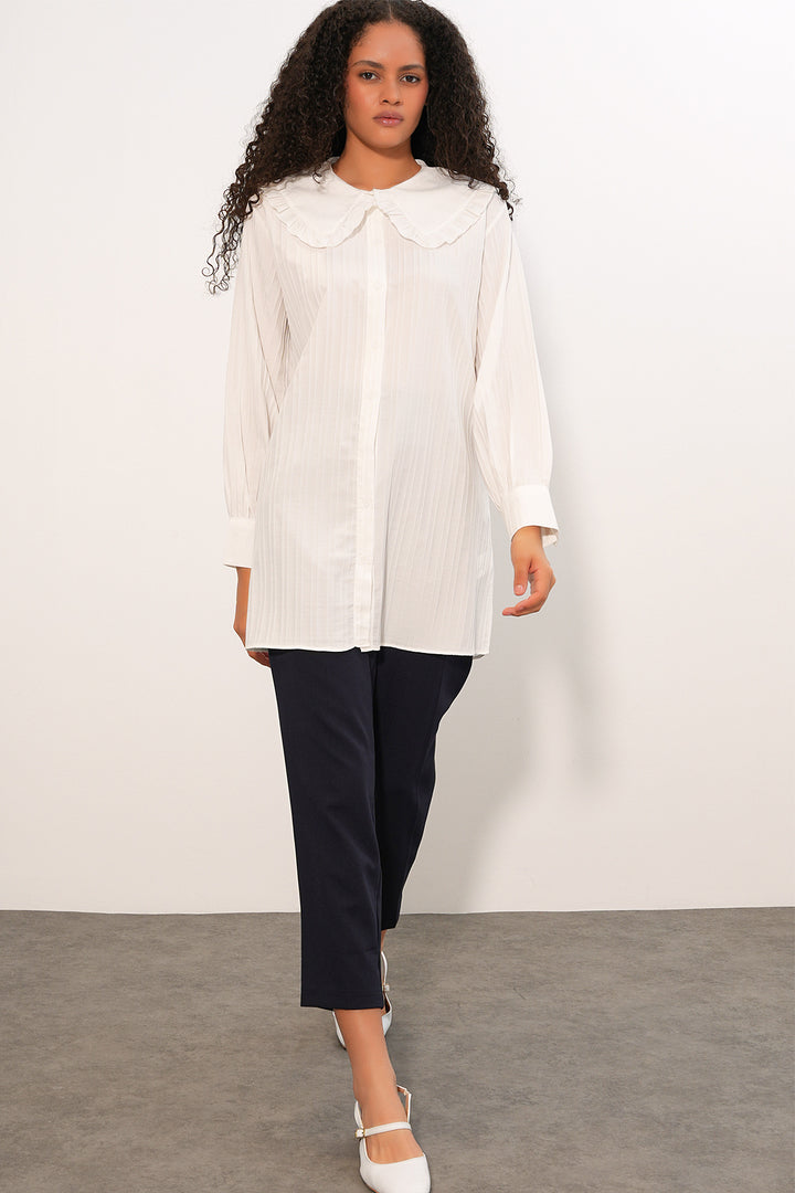 Bigdart Chemisier Tunique Femme à Rayures à Col Large 5993 - Blanc