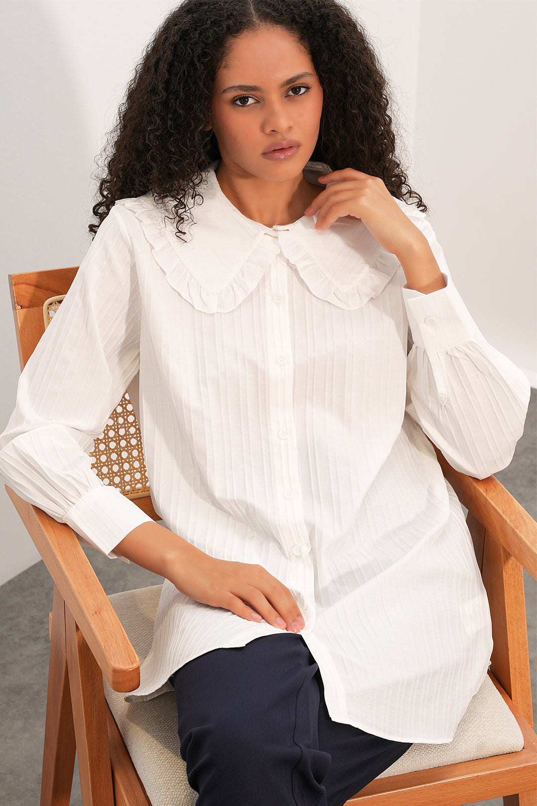 Bigdart Chemisier Tunique Femme à Rayures à Col Large 5993 - Blanc