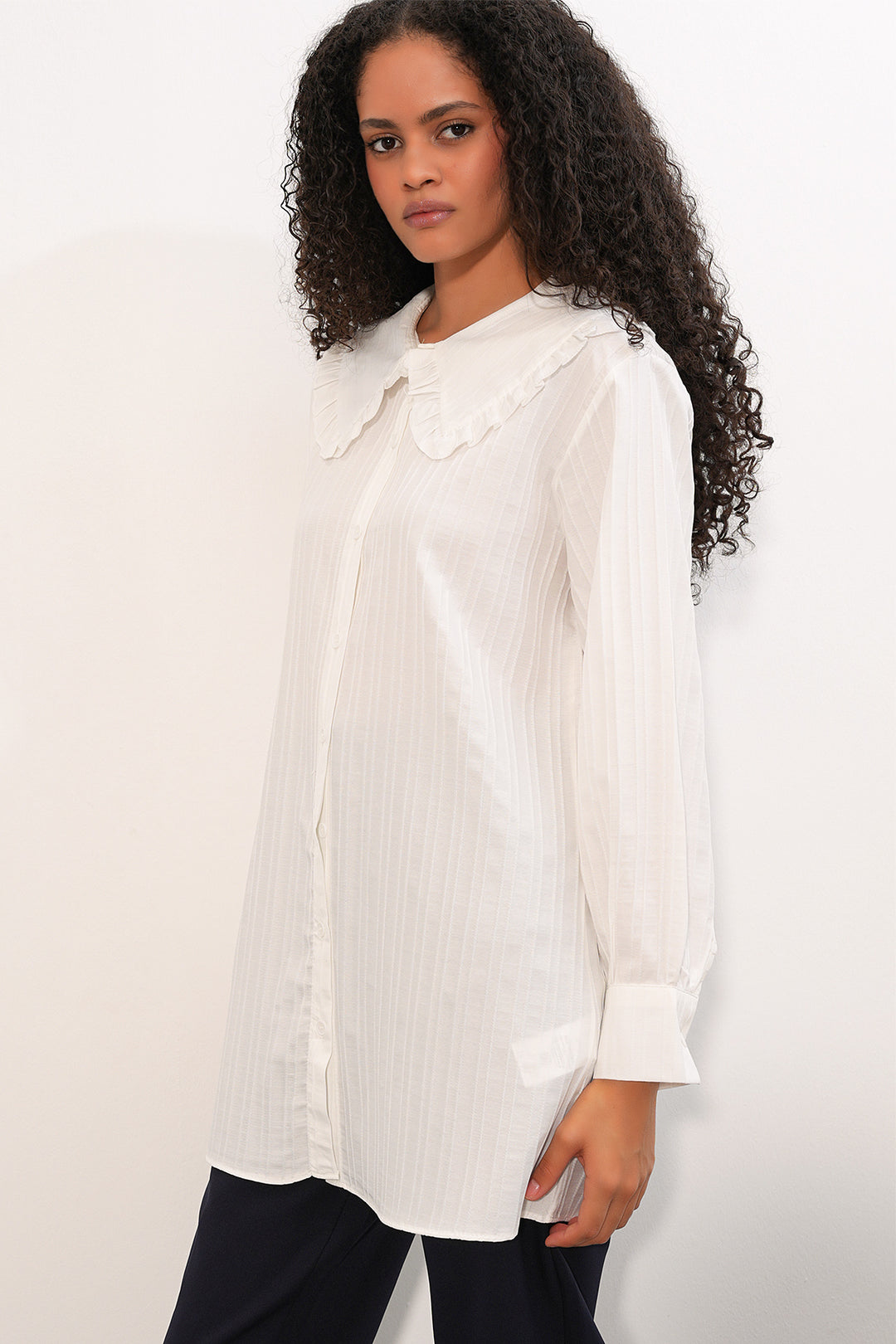 Bigdart Chemisier Tunique Femme à Rayures à Col Large 5993 - Blanc
